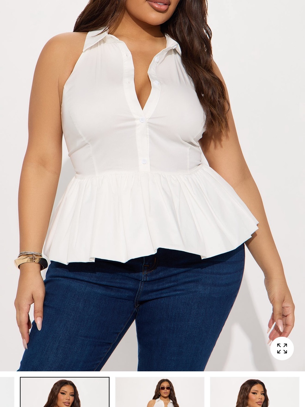 White Halter Peplum Button-Front Top